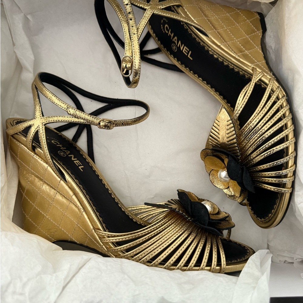 CHANEL Metallic Gold and Black Strappy Wedges - NEVER WORN